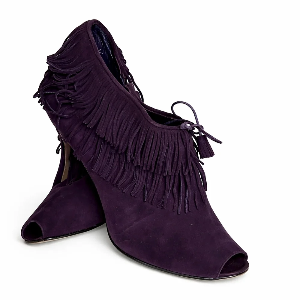 Manolo Blahnik Purple Suede Fringe Peep Toe Booties Tassel Stiletto Heels 40.5 - Picture 2 of 16